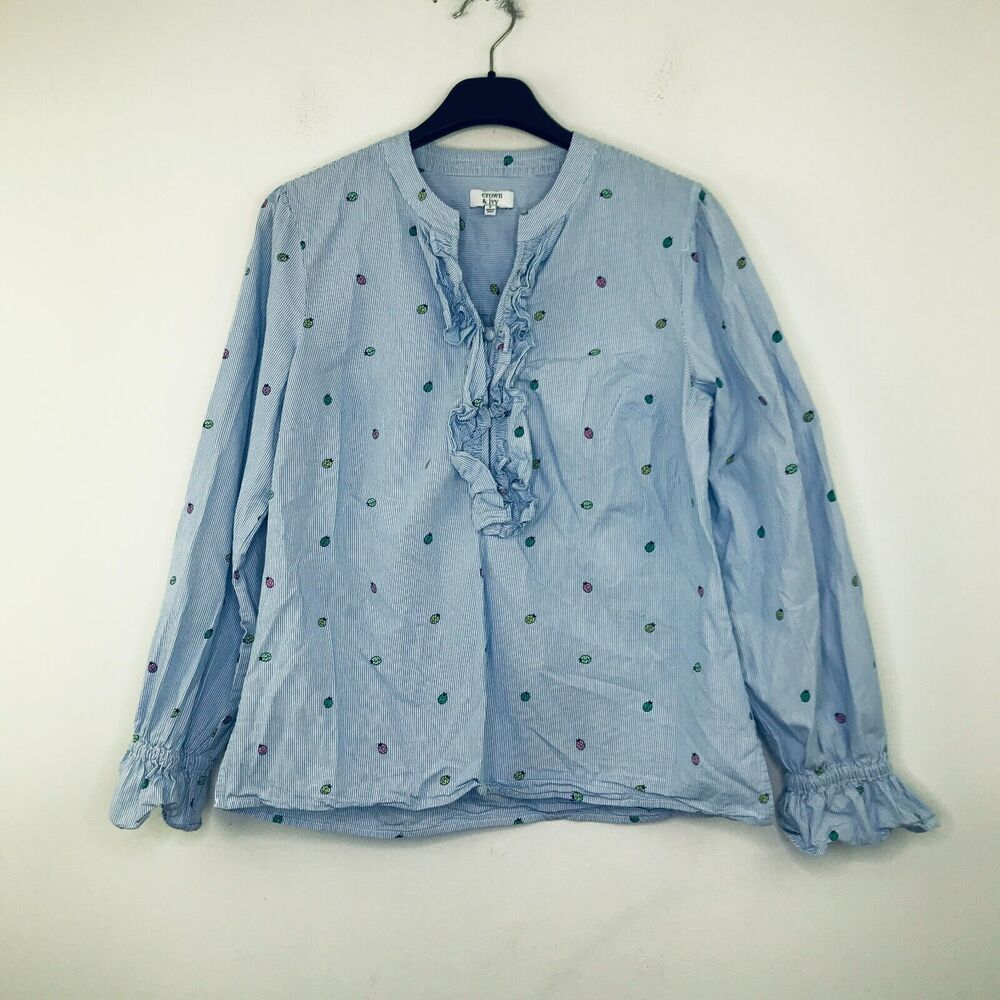 Crown & Ivy Women's Small Blouse Blue Striped Laybug Ruffle Button Front AW15 - Picture 1 of 5